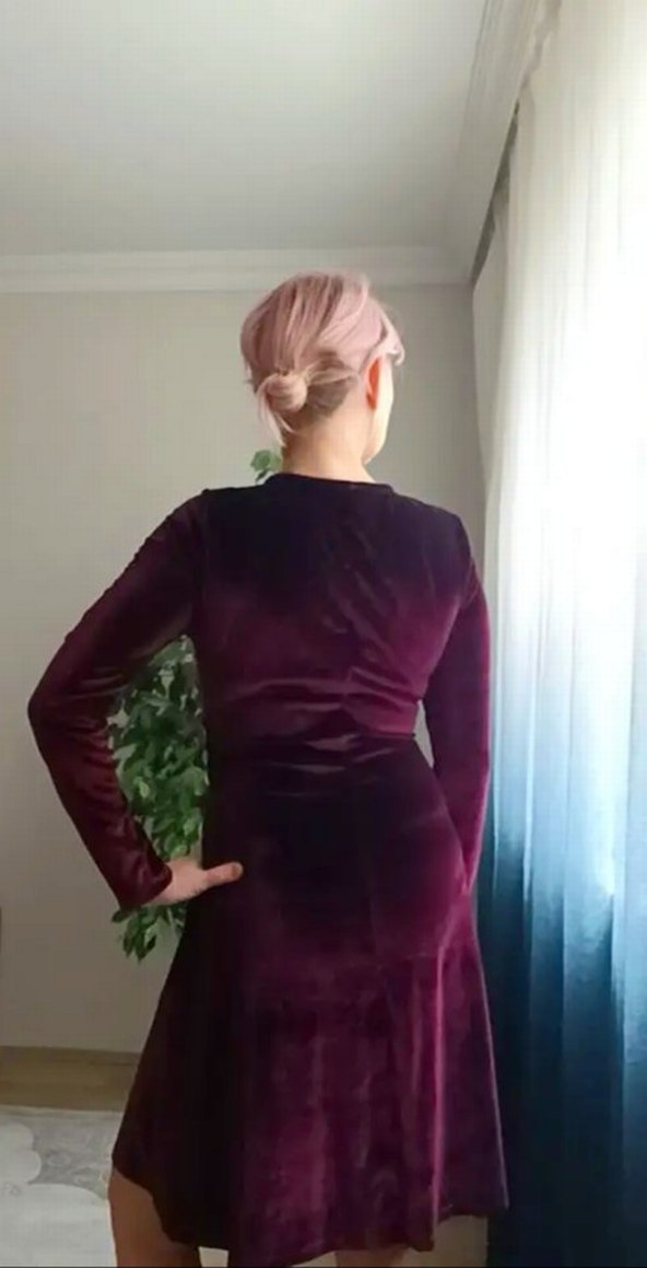 Bordo Bisiklet Yaka Uzun Kollu Kadife Gotik Elbise - Görsel 4