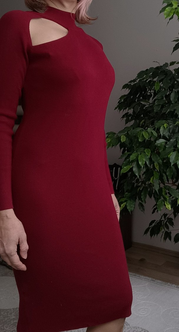 Bordo Midi Kadın Triko Elbise - Görsel 2