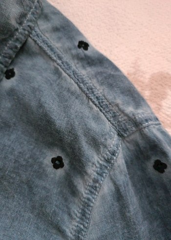 Mavi Yıkamalı Nakışlı Kadın Denim Görünümlü Gömlek - Görsel 7