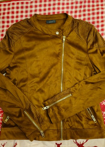 Kahverengi Kadın Süet görünümlü Biker Ceket - Görsel 2