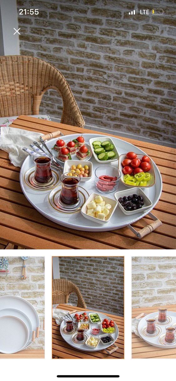 Kitchen Trend 3lü Beyaz (45,37,30 CM) Ahşap Kulplu Metal Tepsi - Görsel 2