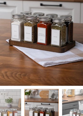 Mienda Home 8li Ahşap Standlı Cam Baharat Seti - Görsel 2