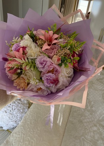 Mor pembe çiçek isteme buketi - Görsel 4