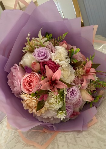 Mor pembe çiçek isteme buketi - Görsel 3
