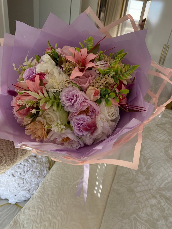 Mor pembe çiçek isteme buketi - Görsel 4