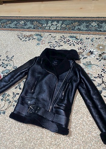 Siyah Kürklü Deri Biker Ceket - Görsel 2