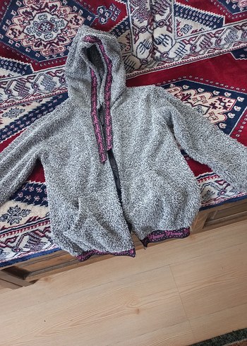 Nakışlı Kapüşonlu Gri kiz çocuk ceket - Görsel 3