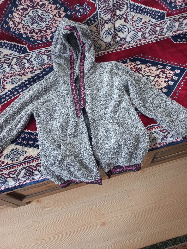 Nakışlı Kapüşonlu Gri kiz çocuk ceket - Görsel 3