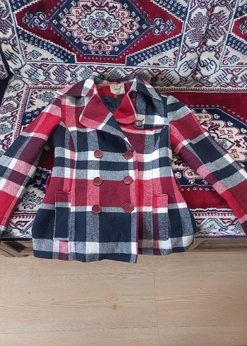 Bordo Ekose Düğmeli Yün Kadın Kaban - Görsel 2