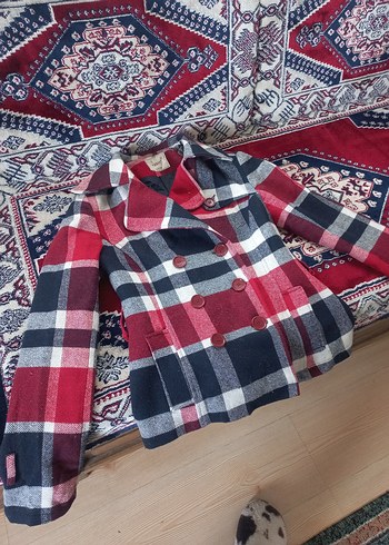 Bordo Ekose Düğmeli Yün Kadın Kaban - Görsel 5