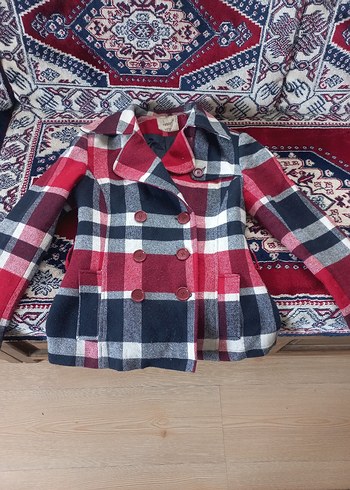 Bordo Ekose Düğmeli Yün Kadın Kaban - Görsel 3