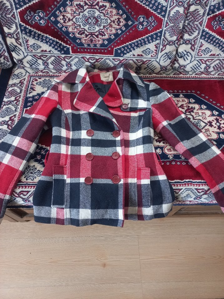 Bordo Ekose Düğmeli Yün Kadın Kaban - Görsel 2