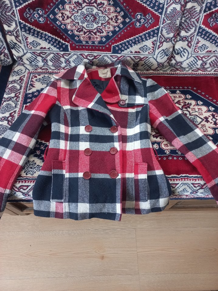 Bordo Ekose Düğmeli Yün Kadın Kaban - Görsel 3