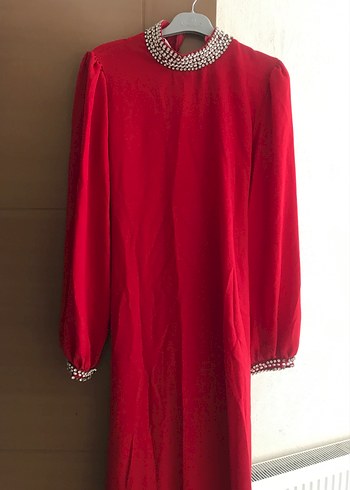 Drapeli Uzun Kollu Keten Kadın Elbise - Görsel 3