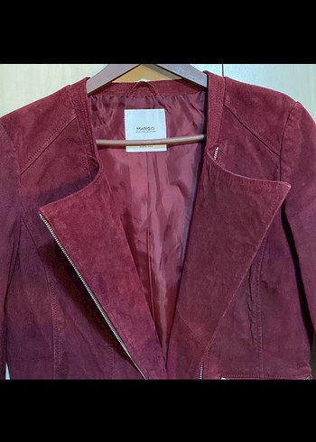 Mango Bordo Hakiki Süet Deri Biker Ceket - Görsel 3