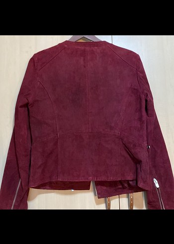 Mango Bordo Hakiki Süet Deri Biker Ceket - Görsel 4