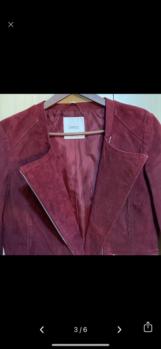 Mango Bordo Hakiki Süet Deri Biker Ceket - Görsel 3