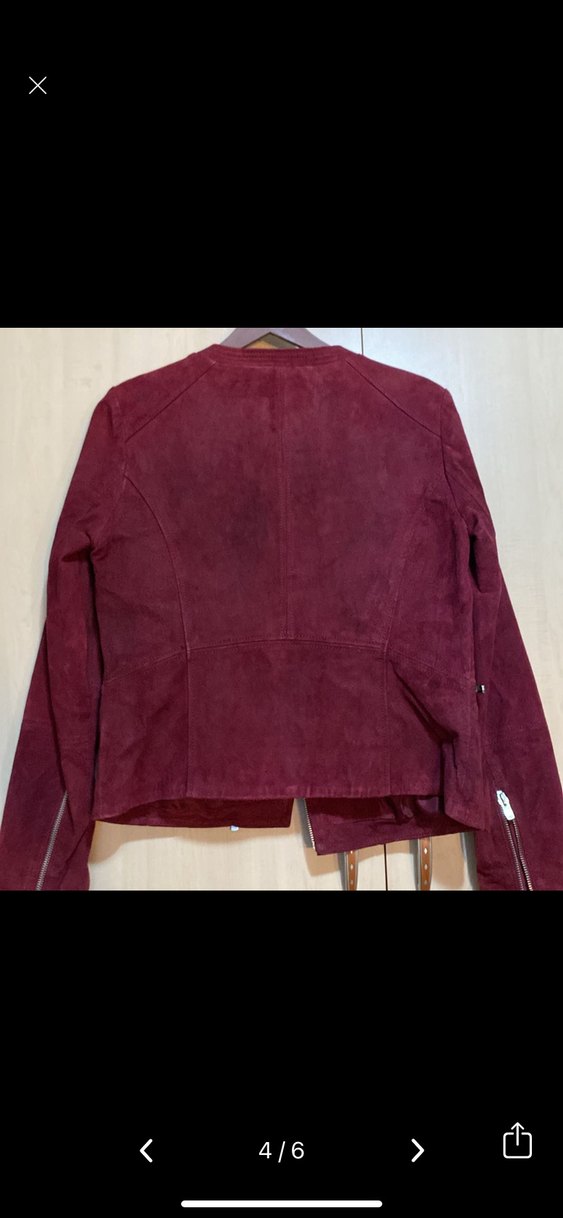 Mango Bordo Hakiki Süet Deri Biker Ceket - Görsel 4