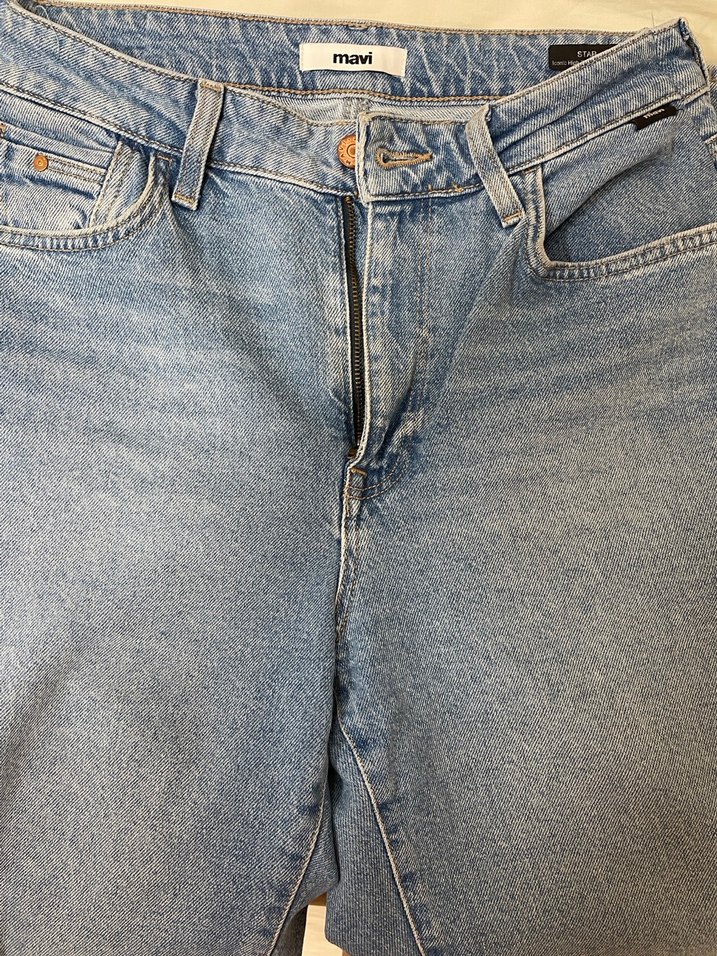 Düğmeli Gri Mavi Kadın Denim Jean - Görsel 5