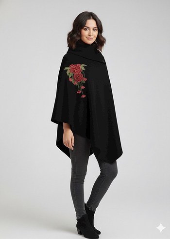hoodraze / Nakışlı Siyah Kadın Panço çiçek detaylı - Görsel 2
