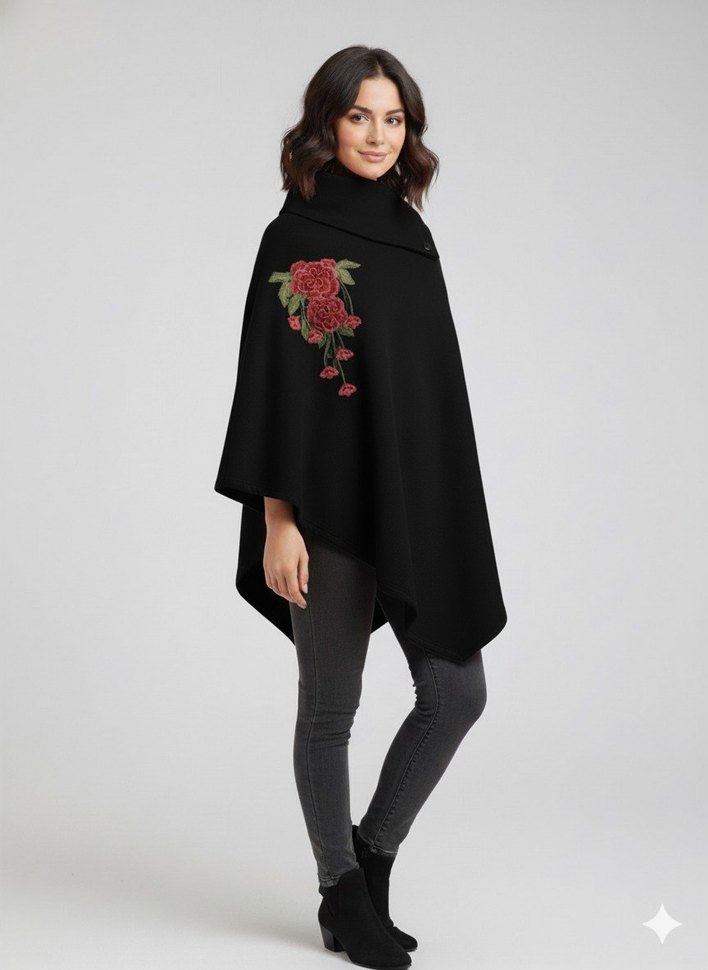 hoodraze / Nakışlı Siyah Kadın Panço çiçek detaylı - Görsel 2