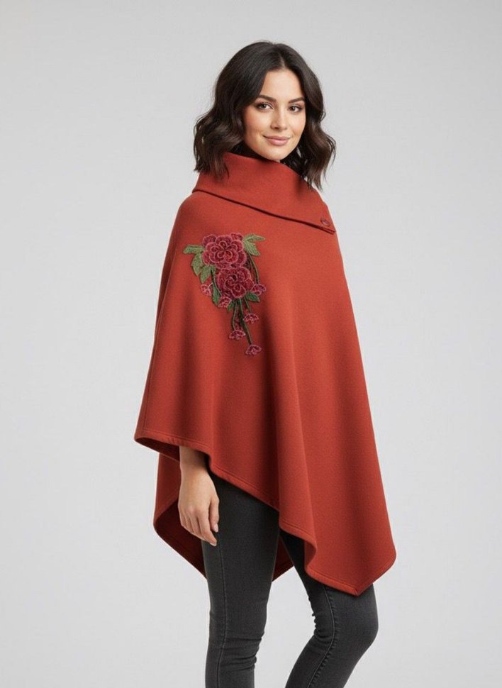 hoodraze turuncu Nakışlı Yüksek Yakalı Kadın Panço çicek dataylı - Görsel 2