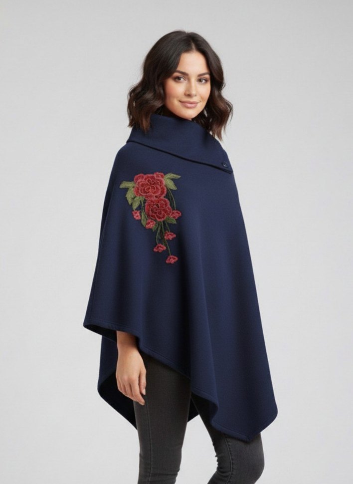hoodraze Nakışlı Lacivert Kadın Panço - Görsel 2