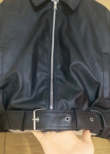 Kemerli Siyah Deri Kadın Ceket - Görsel 8