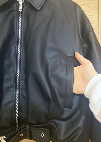 Kemerli Siyah Deri Kadın Ceket - Görsel 9