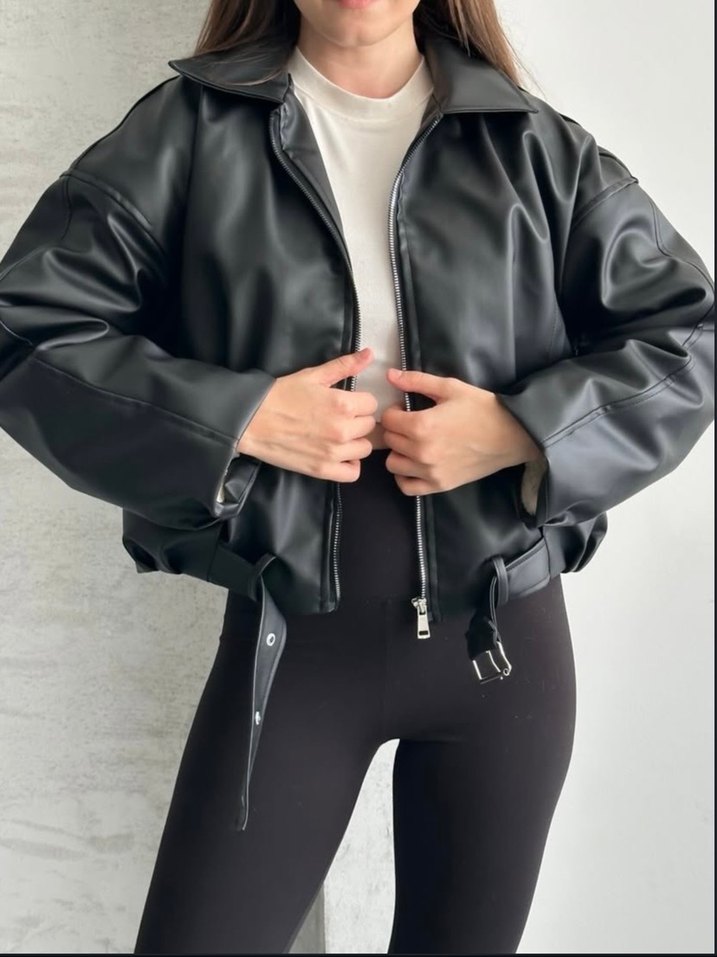 Kemerli Siyah Deri Kadın Ceket - Görsel 4