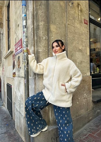 Beyaz Kadın Peluş Midi Ceket - Görsel 2