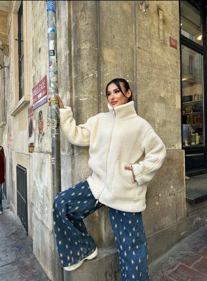 Beyaz Kadın Peluş Midi Ceket - Görsel 2