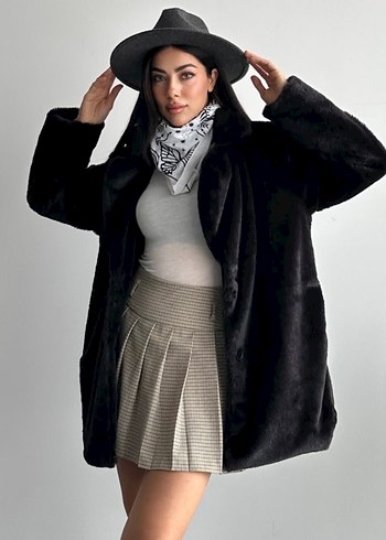 Siyah Kürk Detaylı Kadın Midi Kaban - Görsel 4