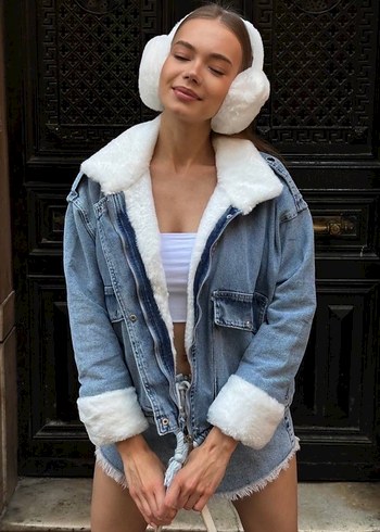 Kadın Gri Kısa Tüylü Denim Ceket - Görsel 2