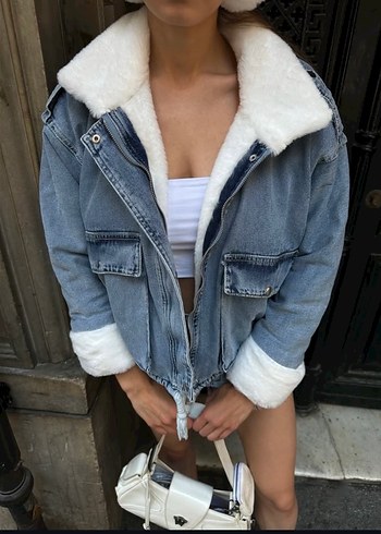 Kadın Gri Kısa Tüylü Denim Ceket - Görsel 4