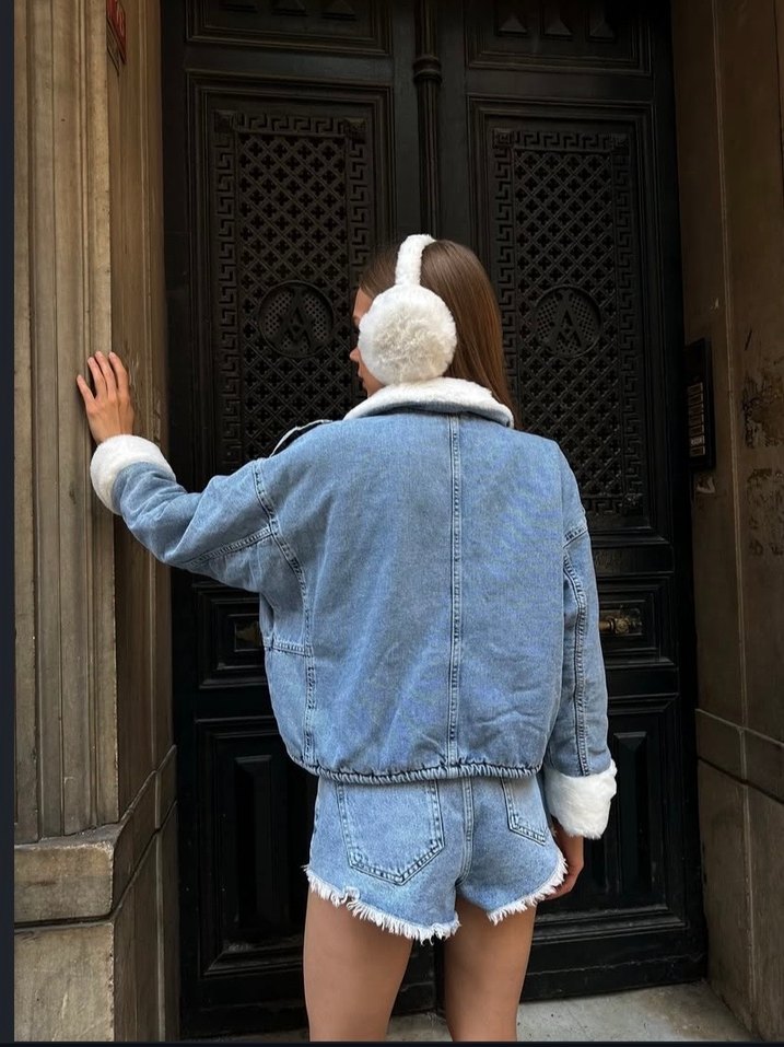 Kadın Gri Kısa Tüylü Denim Ceket - Görsel 3