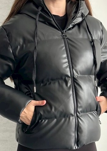 Kapüşonlu şişme deri mont - Görsel 2