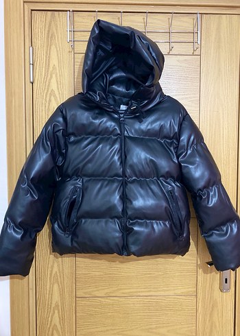 Kapüşonlu şişme deri mont - Görsel 5