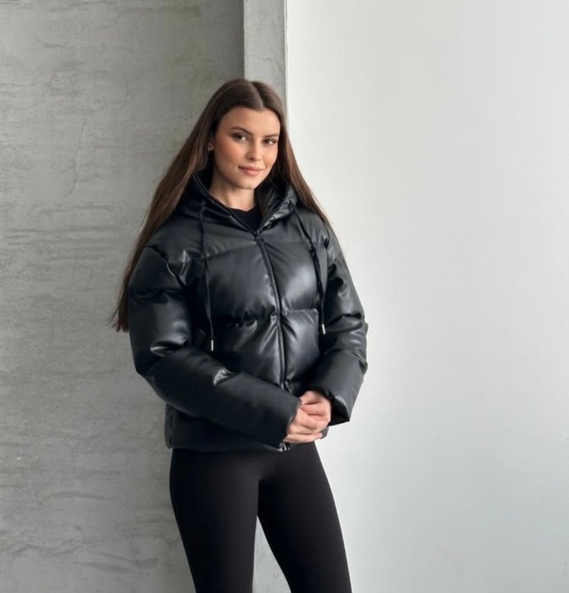 Kapüşonlu şişme deri mont - Görsel 3