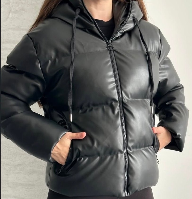 Kapüşonlu şişme deri mont - Görsel 2