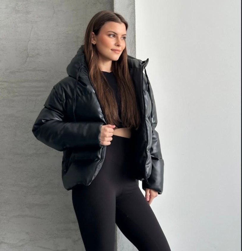 Kapüşonlu şişme deri mont - Görsel 4