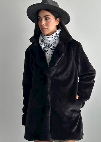 Siyah Kadın Suni Kürk Midi Kaban - Görsel 3