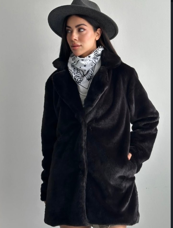 Siyah Kadın Suni Kürk Midi Kaban - Görsel 3