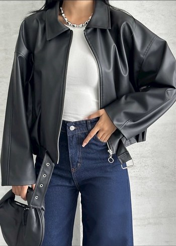 Siyah Deri Kemerli Salaş Ceket - Görsel 4