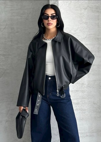 Siyah Deri Kemerli Salaş Ceket - Görsel 2