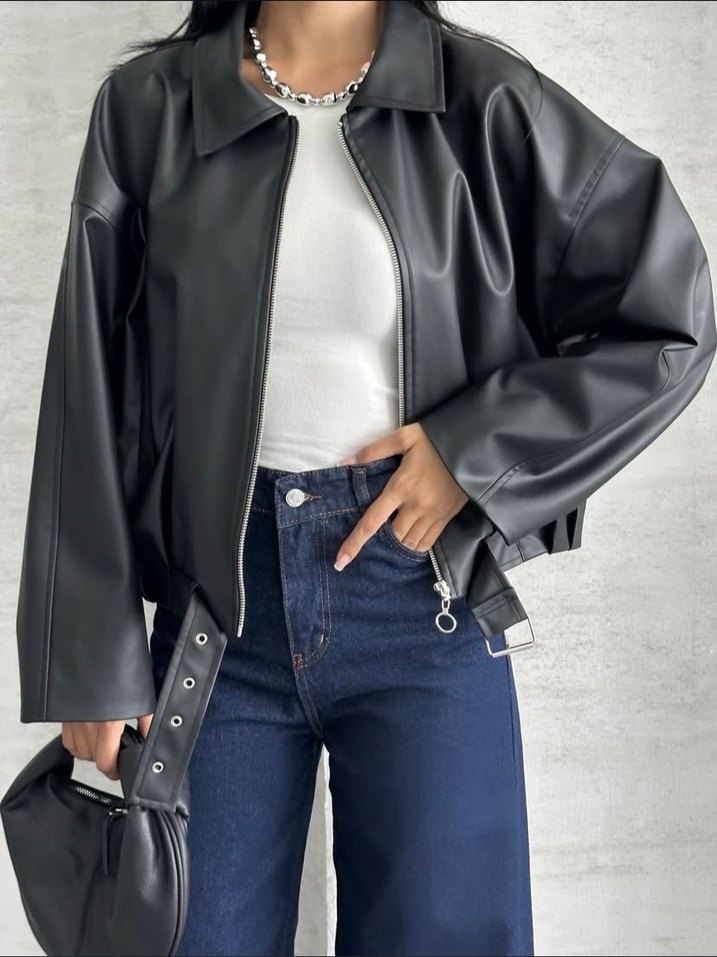 Siyah Deri Kemerli Salaş Ceket - Görsel 4