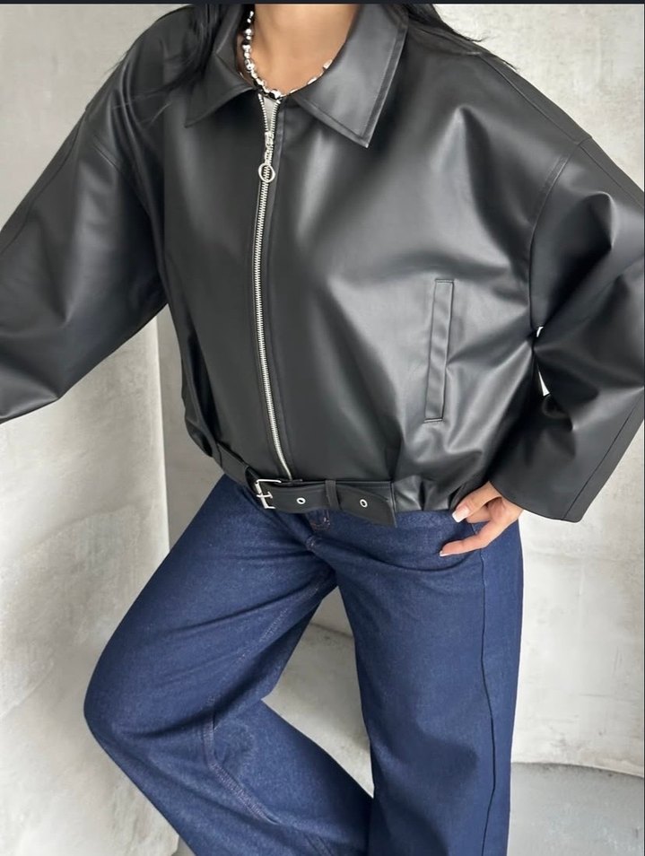Siyah Deri Kemerli Salaş Ceket - Görsel 3