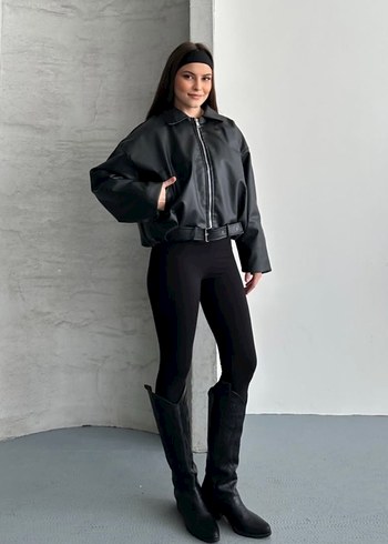 Siyah Kemerli Kısa Deri Kadın Ceket - Görsel 2