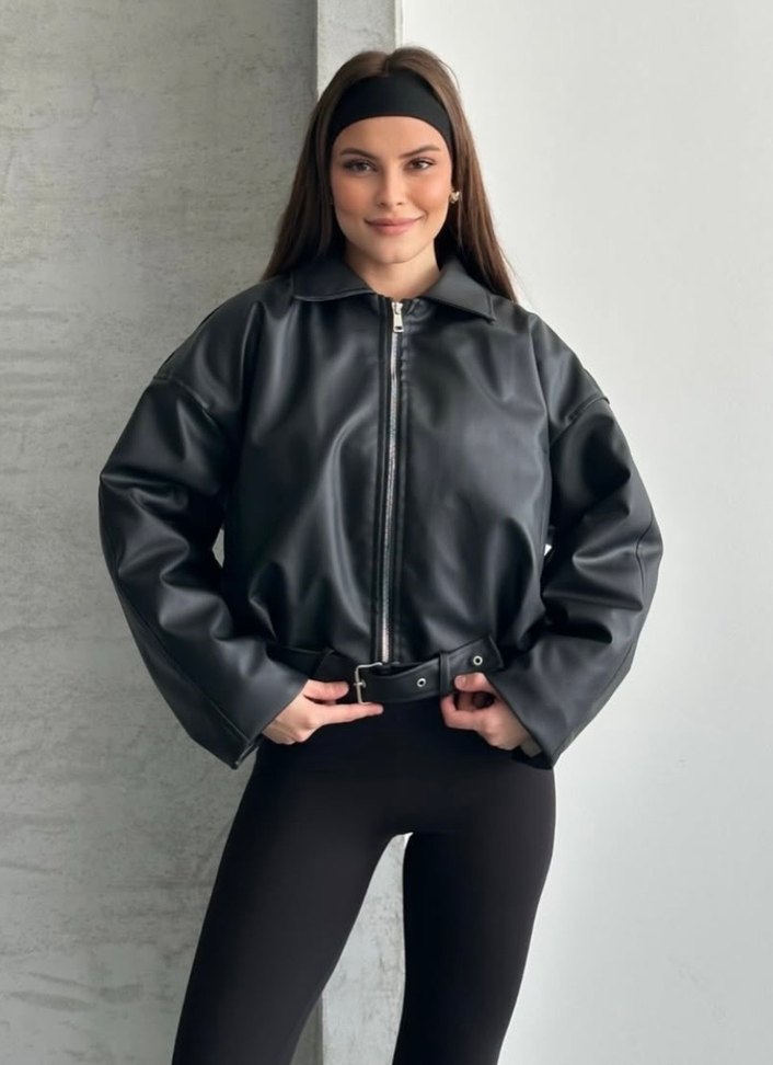 Siyah Kemerli Kısa Deri Kadın Ceket - Görsel 4
