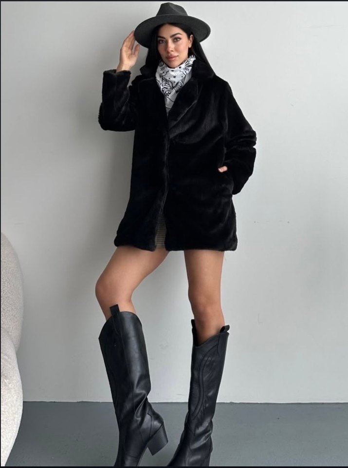 Kadın Siyah Suni Kürk Midi Kaban - Görsel 4